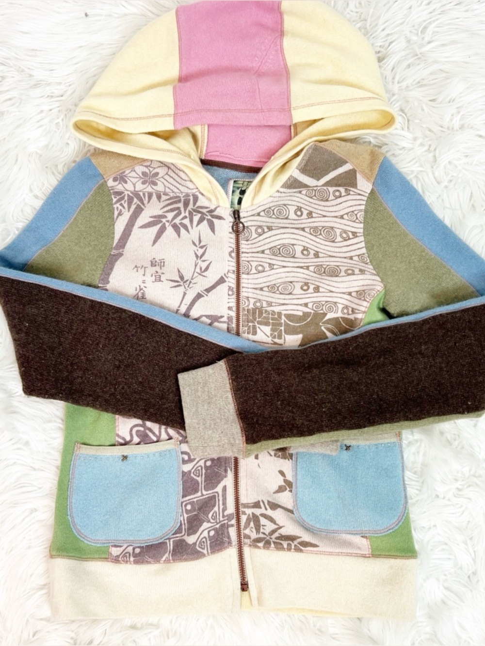 BURNING TORCH UPCYCLED CASHMERE TAUPE GREEN BLUE HOODED CARDIGAN SWEATER MEDIUM
